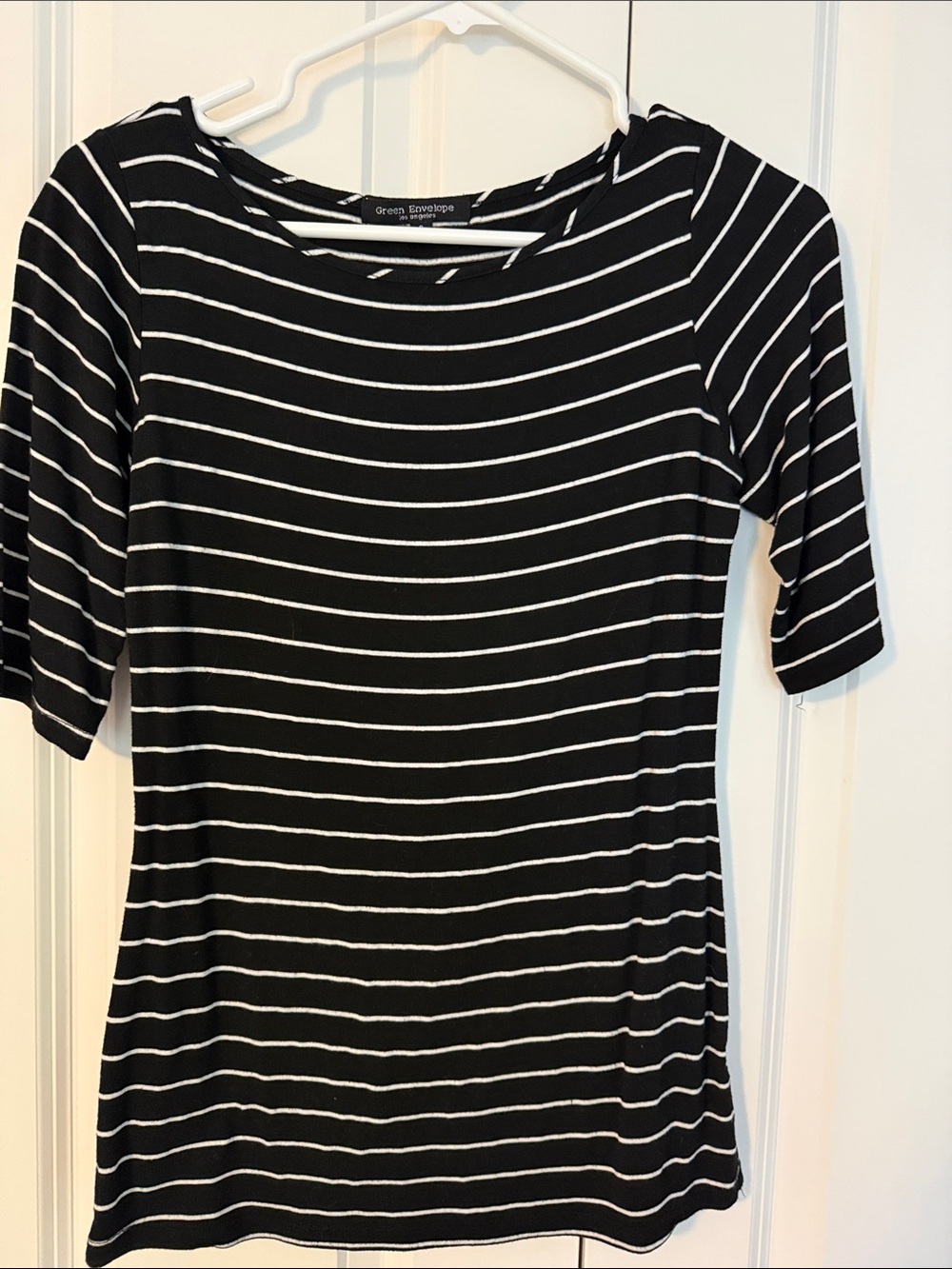 Green Envelope Black and White Striped Short Sleeve Tee